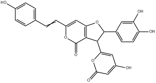 2-(3,4-Dihydroxyphenyl)-2,3-dihydro-3-(4-hydroxy-2-oxo-2H-pyran-6-yl)-6-[2-(4-hydroxyphenyl)vinyl]-4H-furo[3,2-c]pyran-4-one Structure