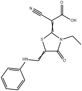 Cyano-(3-ethyl-4-oxo-5-phenylaminomethylene-thiazolidin-2-ylidene)-acetic acid 구조식 이미지