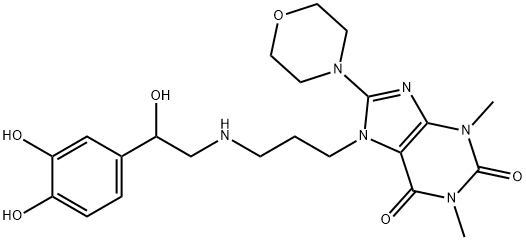 7-[3-[[2-(3,4-Dihydroxyphenyl)-2-hydroxyethyl]amino]propyl]-8-morpholinotheophyline 구조식 이미지