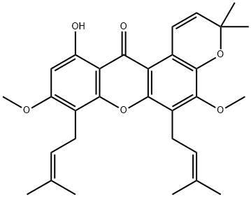 11-Hydroxy-5,9-dimethoxy-3,3-dimethyl-6,8-bis(3-methyl-2-butenyl)pyrano[3,2-a]xanthen-12(3H)-one 구조식 이미지