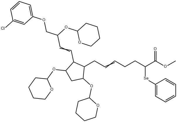 7-[2-[4-(3-Chlorophenoxy)-3-[(tetrahydro-2H-pyran-2-yl)oxy]-1-butenyl]-3,5-bis[(tetrahydro-2H-pyran-2-yl)oxy]cyclopentyl]-2-phenylseleno-5-heptenoic acid methyl ester 구조식 이미지