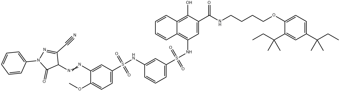 2-Naphthalenecarboxamide, N-[4-[2,4-bis(1,1-dimethylpropyl)phenoxy]butyl]-4-[[[3-[[[3-[(3-cyano-4,5-dihydro-5-oxo-1-phenyl-1H-pyrazol-4-yl)azo]-4-methoxyphenyl]sulfonyl]amino]phenyl]sulfonyl]amino]-1-hydroxy- 구조식 이미지