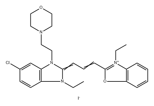 2-[3-[5-chloro-1-ethyl-1,3-dihydro-3-[2-morpholinoethyl]-2H-benzimidazol-2-ylidene]prop-1-enyl]-3-ethylbenzoxazolium iodide  구조식 이미지