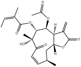 (Z)-2-Methyl-2-butenoic acid [(3aS,4S,5R,6R,8Z,10R,11aR)-4-acetoxy-2,3,3a,4,5,6,7,10,11,11a-decahydro-6-hydroxy-6,10-dimethyl-3-methylene-2,7-dioxocyclodeca[b]furan-5-yl] ester 구조식 이미지