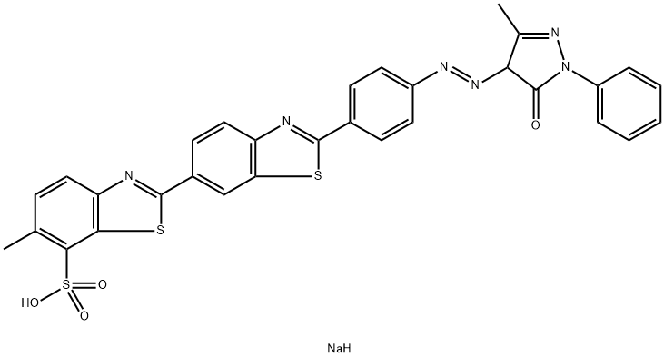 sodium 2'-[4-[(4,5-dihydro-3-methyl-5-oxo-1-phenyl-1H-pyrazol-4-yl)azo]phenyl]-6-methyl[2,6'-bibenzothiazole]-7-sulphonate  구조식 이미지