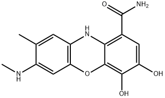 3,4-Dihydroxy-8-methyl-7-methylamino-10H-phenoxazine-1-carboxamide 구조식 이미지