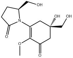 1-[5-Hydroxy-5-(hydroxymethyl)-2-methoxy-3-oxo-1-cyclohexen-1-yl]-5-(hydroxymethyl)pyrrolidin-2-one 구조식 이미지