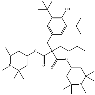 비스(1,2,2,6,6-펜타메틸-4-피페리디닐) (3,5-디-터트-뷰틸-4-하이드록시벤질)뷰틸프로판디오산 구조식 이미지