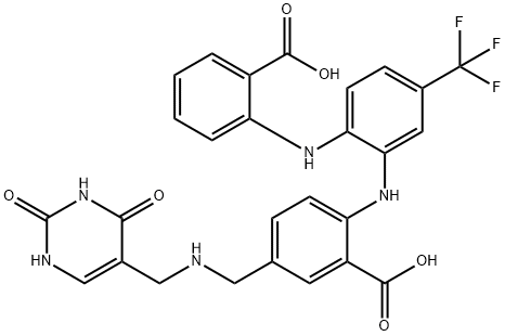Benzoic  acid,  2-[[2-[(2-carboxyphenyl)amino]-5-(trifluoromethyl)phenyl]amino]-5-[[[(1,2,3,4-tetrahydro-2,4-dioxo-5-pyrimidinyl)methyl]amino]methyl]- 구조식 이미지