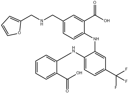 Benzoic  acid,  2-[[2-[(2-carboxyphenyl)amino]-5-(trifluoromethyl)phenyl]amino]-5-[[(2-furanylmethyl)amino]methyl]- 구조식 이미지