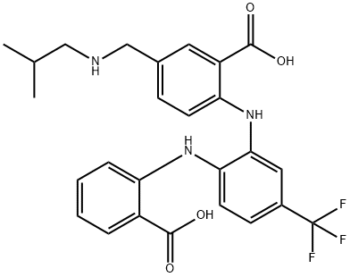 Benzoic  acid,  2-[[2-[(2-carboxyphenyl)amino]-5-(trifluoromethyl)phenyl]amino]-5-[[(2-methylpropyl)amino]methyl]- Structure