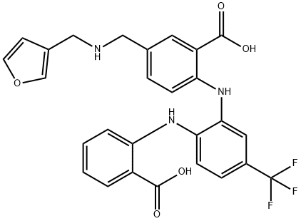 Benzoic  acid,  2-[[2-[(2-carboxyphenyl)amino]-5-(trifluoromethyl)phenyl]amino]-5-[[(3-furanylmethyl)amino]methyl]- Structure