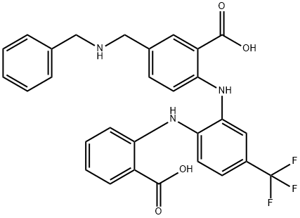 Benzoic  acid,  2-[[2-[(2-carboxyphenyl)amino]-5-(trifluoromethyl)phenyl]amino]-5-[[(phenylmethyl)amino]methyl]- 구조식 이미지