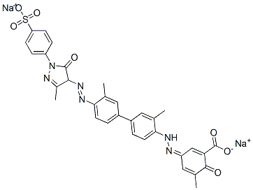 disodium (3Z)-5-methyl-3-[[2-methyl-4-[3-methyl-4-[[3-methyl-5-oxo-1-(4-sulfonatophenyl)-4H-pyrazol-4-yl]diazenyl]phenyl]phenyl]hydrazinylidene]-6-oxo-cyclohexa-1,4-diene-1-carboxylate 구조식 이미지