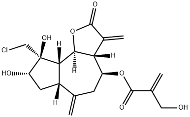 2-(Hydroxymethyl)propenoic acid 9-(chloromethyl)dodecahydro-8,9-dihydroxy-3,6-dimethylene-2-oxoazuleno[4,5-b]furan-4-yl ester 구조식 이미지