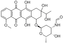 5,12-Naphthacenedione, 7,8,9,10-tetrahydro-6,8,11-trihydroxy-8-(1-hydr oxyethyl)-1-methoxy-10-((2,3,6-trideoxy-3-(formylamino)-alpha-L-lyxo-h exopyranosyl)oxy)- Structure