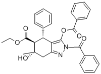 2H-Indazole-5-carboxylic acid, 4,5,6,7-tetrahydro-, 2-benzoyl-3-(benzo yloxy)-6-hydroxy-6-methyl-4-phenyl-, ethyl ester, (4-alpha,5-beta,6-al pha)- Structure