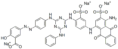 Benzoic acid, 5-4-4-4-(4-amino-9,10-dihydro-9,10-dioxo-3-sulfo-1-anthracenyl)amino-2-sulfophenylamino-6-(phenylamino)-1,3,5-triazin-2-ylaminophenylazo-2-hydroxy-, trisodium salt Structure