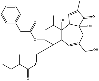 Benzeneacetic acid 1,1a,1b,4,4a,5,7a,7b,8,9-decahydro-4a,7b-dihydroxy-3-(hydroxymethyl)-1,6,8-trimethyl-1-[(2-methyl-1-oxobutoxy)methyl]-5-oxo-9aH-cyclopropa[3,4]benz[1,2-e]azulen-9a-yl ester Structure