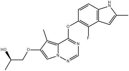1-[[4-[(4-Fluoro-2-methyl-1H-indol-5-yl)oxy]-5-methylpyrrolo[2,1-f][1,2,4]triazin-6-yl]oxy]-2-propanol 구조식 이미지
