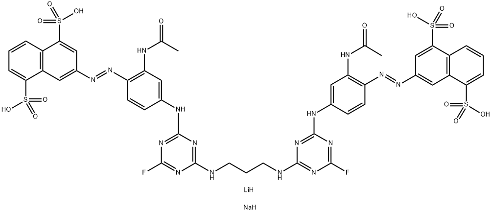 3,3'-[1,3-Propanediylbis[imino(6-fluoro-1,3,5-triazine-4,2-diyl)imino[2-(acetylamino)-4,1-phenylene]azo]]bis-1,5-naphthalenedisulfonic acid, lithium sodium salt 구조식 이미지