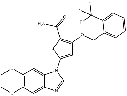 GW843682,  5-(5,6-Dimethoxy-1H-benzimidazol-1-yl)-3-{[2-(trifluoromethyl)-benzyl]oxy}thiophene-2-carboxamide Structure