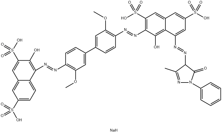 2,7-Naphthalenedisulfonic acid, 5-[(4,5-dihydro-3-methyl-5-oxo-1-phenyl-1H-pyrazol-4-yl)azo]-4-hydroxy-3-[[4'-[(2-hydroxy-3,6-disulfo-1-naphthalenyl)azo]-3,3'-dimethoxy[1,1'-biphenyl]-4-yl]azo]-, tetrasodium salt 구조식 이미지