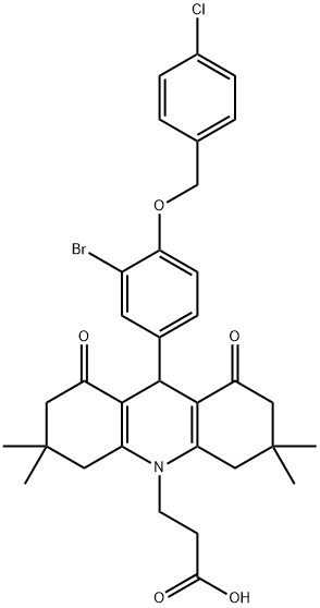 3-(9-(3-broMo-4-(4-chlorobenzyloxy)phenyl)-3,3,6,6-tetraMethyl-1,8-dioxo-1,2,3,4,5,6,7,8-octahydroacridin-10(9H)-yl)propanoic acid Structure