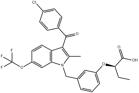 Butanoic acid, 2-[3-[[3-(4-chlorobenzoyl)-2-Methyl-6-(trifluoroMethoxy)-1H-indol-1-yl]Methyl]phenoxy]-, (2R)- Structure