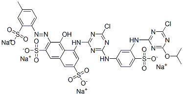 2,7-Naphthalenedisulfonic acid, 5-[[4-chloro-6-[[3-[[4-chloro-6-(1-methylethoxy)-1,3,5-triazin-2-yl]amino]-4-sulfophenyl]amino]-1,3,5-triazin-2-yl]amino]-4-hydroxy-3-[(4-methyl-2-sulfophenyl)azo]-, tetrasodium salt 구조식 이미지