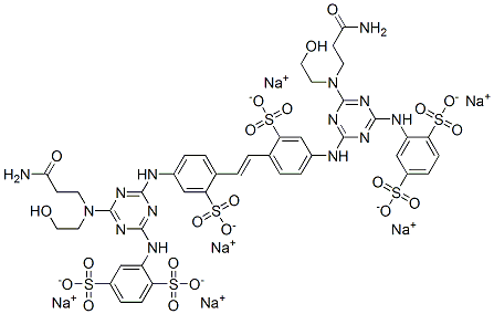 hexasodium 2,2'-[vinylenebis[(3-sulphonato-4,1-phenylene)imino[6-[(3-amino-3-oxopropyl)(2-hydroxyethyl)amino]-1,3,5-triazine-4,2-diyl]imino]]bis(benzene-1,4-disulphonate) Structure