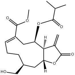 (3aS,4R,6E,10S,11aR)-2,3,3a,4,5,8,9,10,11,11a-Decahydro-10-hydroxymethyl-3-methylene-4-(2-methyl-1-oxopropoxy)-2-oxocyclodeca[b]furan-6-carboxylic acid methyl ester 구조식 이미지