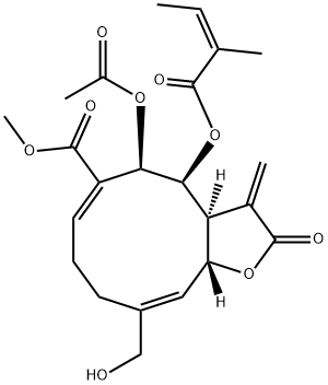 (3aS,4S,5R,6E,10E,11aR)-5-Acetoxy-2,3,3a,4,5,8,9,11a-octahydro-10-hydroxymethyl-3-methylene-4-[[(Z)-2-methyl-1-oxo-2-butenyl]oxy]-2-oxocyclodeca[b]furan-6-carboxylic acid methyl ester 구조식 이미지