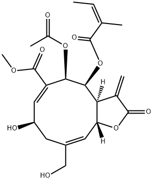 (3aS,4S,5R,6E,8R,10E,11aR)-5-Acetoxy-2,3,3a,4,5,8,9,11a-octahydro-8-hydroxy-10-hydroxymethyl-3-methylene-4-[[(Z)-2-methyl-1-oxo-2-butenyl]oxy]-2-oxocyclodeca[b]furan-6-carboxylic acid methyl ester 구조식 이미지
