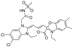 2-[3-[5,6-dichloro-1-ethyl-1,3-dihydro-3-[2-(mesylamino)-2-oxoethyl]-2H-benzimidazol-2-ylidene]prop-1-enyl]-3-ethyl-5,6-dimethylbenzoxazolium--ate Structure