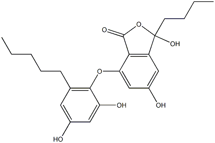 (+)-3-Butyl-3,5-dihydroxy-7-(2,4-dihydroxy-6-pentylphenoxy)-1(3H)-isobenzofuranone 구조식 이미지