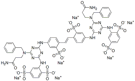 hexasodium 2,2'-[vinylenebis[(3-sulphonato-4,1-phenylene)imino[6-[(3-amino-3-oxopropyl)(phenylmethyl)amino]-1,3,5-triazine-4,2-diyl]imino]]bis(benzene-1,4-disulphonate) 구조식 이미지