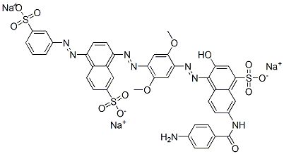 trisodium 7-[(4-aminobenzoyl)amino]-4-[[2,5-dimethoxy-4-[[7-sulphonato-4-[(3-sulphonatophenyl)azo]naphthyl]azo]phenyl]azo]-3-hydroxynaphthalene-1-sulphonate  구조식 이미지