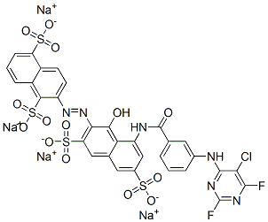 tetrasodium 2-[[8-[[3-[(5-chloro-2,6-difluoro-4-pyrimidinyl)amino]benzoyl]amino]-1-hydroxy-3,6-disulphonato-2-naphthyl]azo]naphthalene-1,5-disulphonate Structure