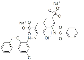 disodium 3-[[5-chloro-2-(phenylmethoxy)phenyl]azo]-4-hydroxy-5-[[(p-tolyl)sulphonyl]amino]naphthalene-2,7-disulphonate  구조식 이미지