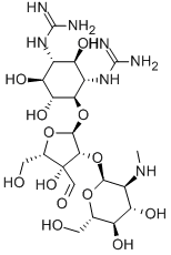 N,N'-Bis(aminoiminomethyl)-4-O-[2-O-(2-deoxy-2-methylamino-α-L-glucopyranosyl)-3-C-formyl-α-L-lyxofuranosyl]-D-streptamine Structure
