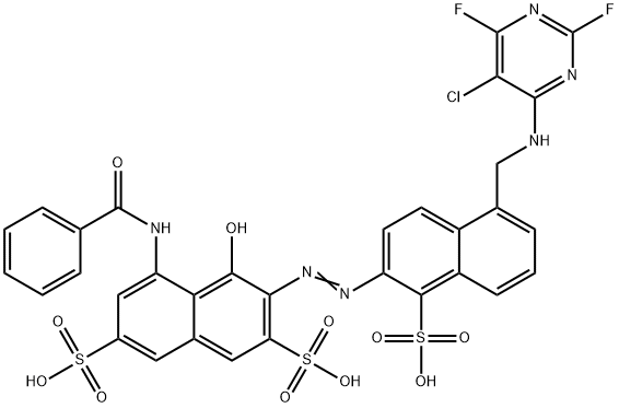 5-(benzoylamino)-3-[[5-[[(5-chloro-2,6-difluoro-4-pyrimidinyl)amino]methyl]-1-sulpho-2-naphthyl]azo]-4-hydroxynaphthalene-2,7-disulphonic acid 구조식 이미지