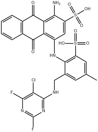 1-amino-4-[[2-[[(5-chloro-2,6-difluoro-4-pyrimidinyl)amino]methyl]-4-methyl-6-sulphophenyl]amino]-9,10-dihydro-9,10-dioxoanthracene-2-sulphonic acid 구조식 이미지