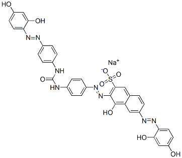 4-Hydroxy-6-[(2,4-dihydroxyphenyl)azo]-3-[[4-[3-[4-[(2,4-dihydroxyphenyl)azo]phenyl]ureido]phenyl]azo]naphthalene-2-sulfonic acid sodium salt 구조식 이미지