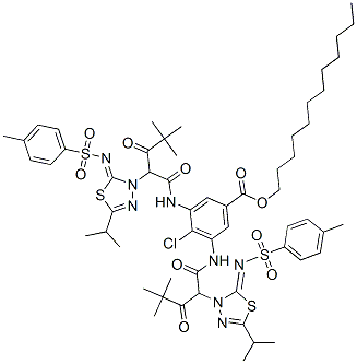 dodecyl 4-chloro-3,5-bis[[4,4-dimethyl-2-[5-(isopropyl)-2-[[(4-tolyl)sulphonyl]imino]-1,3,4-thiadiazole-3(2H)-yl]-1,3-dioxopentyl]amino]benzoate Structure
