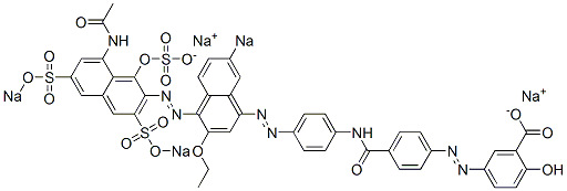 5-[[4-[[4-[[4-[[8-Acetylamino-1-hydroxy-3,6-bis(sodiosulfo)-2-naphthalenyl]azo]-3-ethoxy-7-sodiosulfo-1-naphthalenyl]azo]phenyl]aminocarbonyl]phenyl]azo]-2-hydroxybenzoic acid sodium salt 구조식 이미지