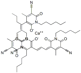 bis[5-[3-(5-cyano-1-hexyl-1,6-dihydro-2-hydroxy-4-methyl-6-oxo-3-pyridyl)allylidene]-1-hexyl-1,2,5,6-tetrahydro-4-methyl-2,6-dioxonicotinonitrile], calcium salt 구조식 이미지