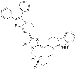 2-[[3-ethyl-5-[(3-ethyl-4,5-diphenyl-(3H)-thiazol-2-ylidene)ethylidene]-4-oxothiazolidin-2-ylidene]methyl]-4-methyl-1-(4-sulphonatobutyl)pyrimido[1,2-a]benzimidazolium Structure