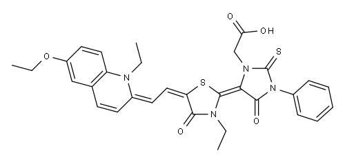 5-[5-[(6-ethoxy-1-ethyl-1H-quinolin-2-ylidene)ethylidene]-3-ethyl-4-oxothiazolidin-2-ylidene]-4-oxo-3-phenyl-2-thioxoimidazolidine-1-acetic acid 구조식 이미지