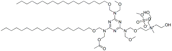 에타나미늄,2-[[[4-[[(아세틸옥시)메틸][(옥타데실옥시)메틸]아미노]-6-[(메톡시메틸)[(옥타데실옥시)메틸]아미노]-1,3,5-트리아진-2-일](메톡시메틸)아미노]메톡시]-N,N-비스(2-히드록시에틸)-N-메틸-,메틸황산염(염) 구조식 이미지